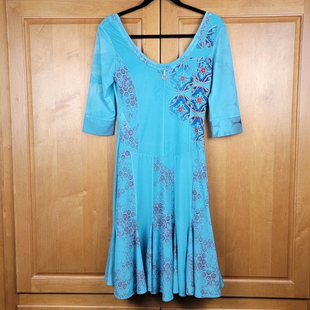 Save the Queen Teal Print 3/4 Sleeve Scoop Neck Dress - M - Picture 3 of 13